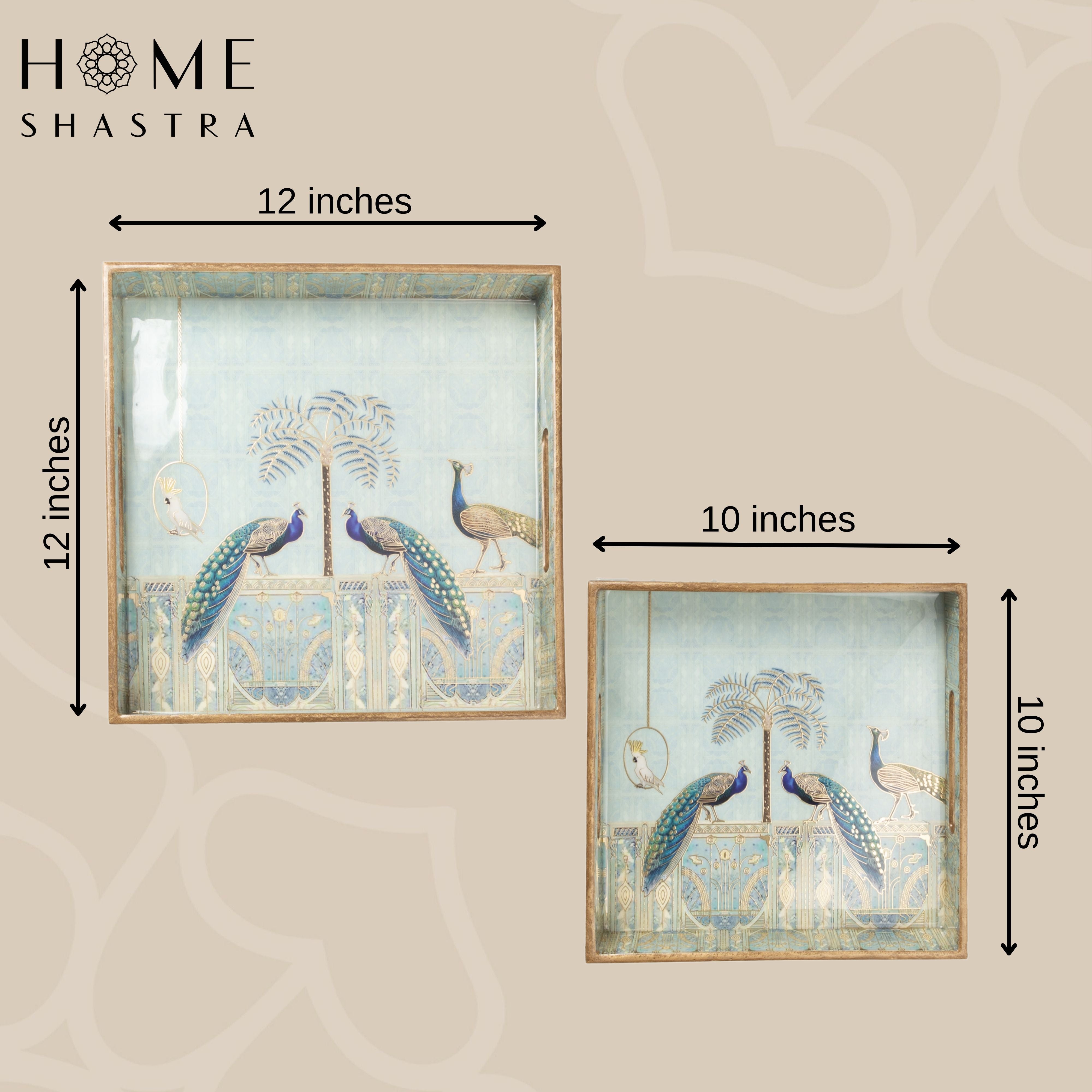 Blue Peacock Square Trays Set