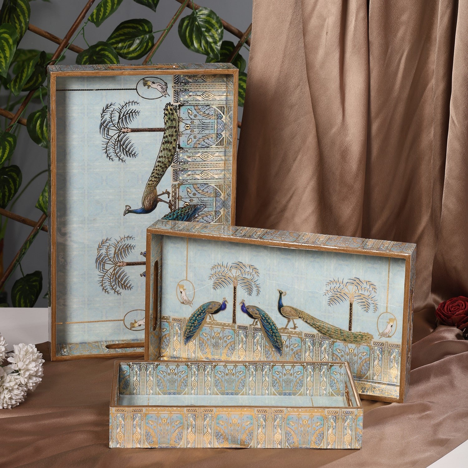 Royal Blue Peacock Tray Set Of 3