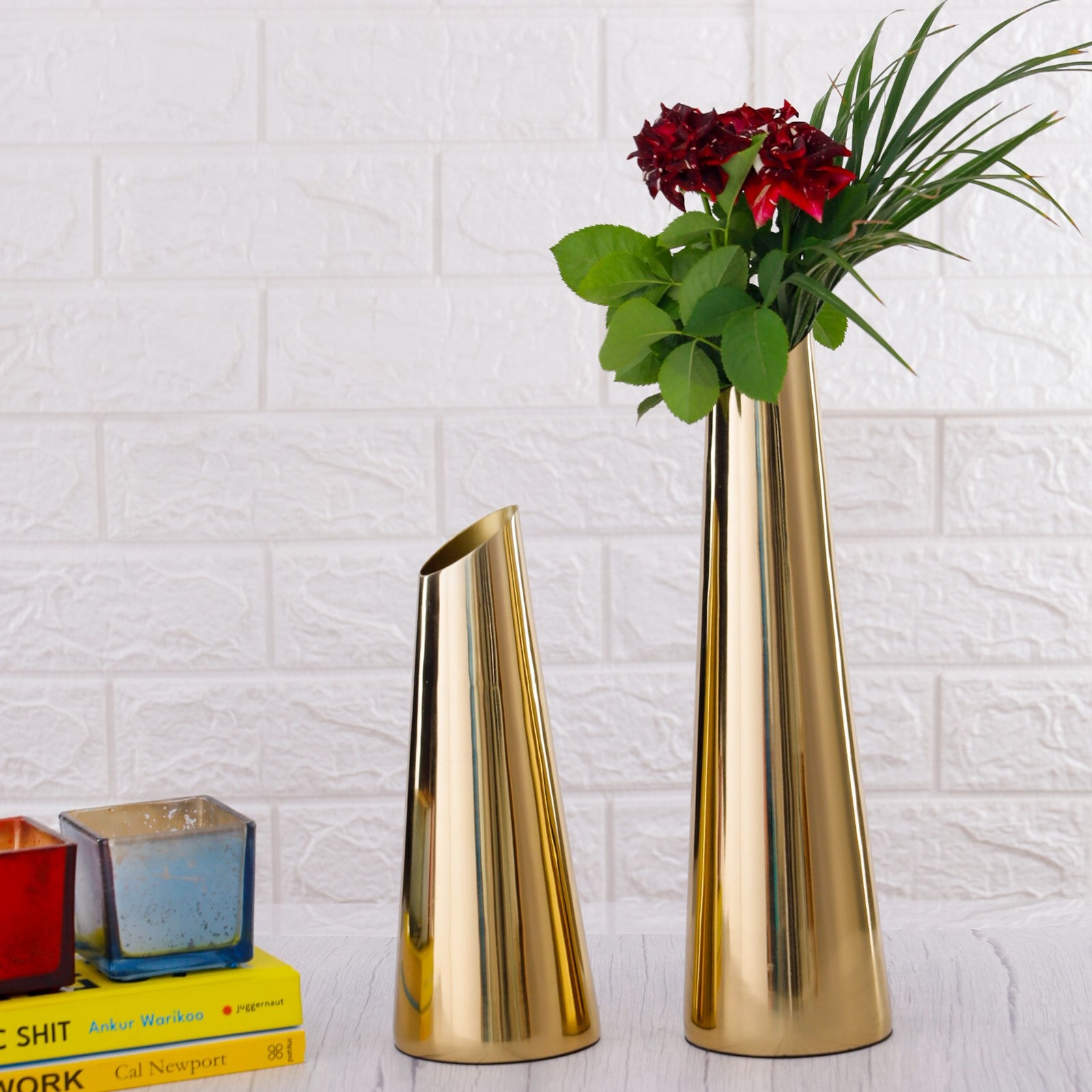 Taper Gold Metal Vase Set of 2