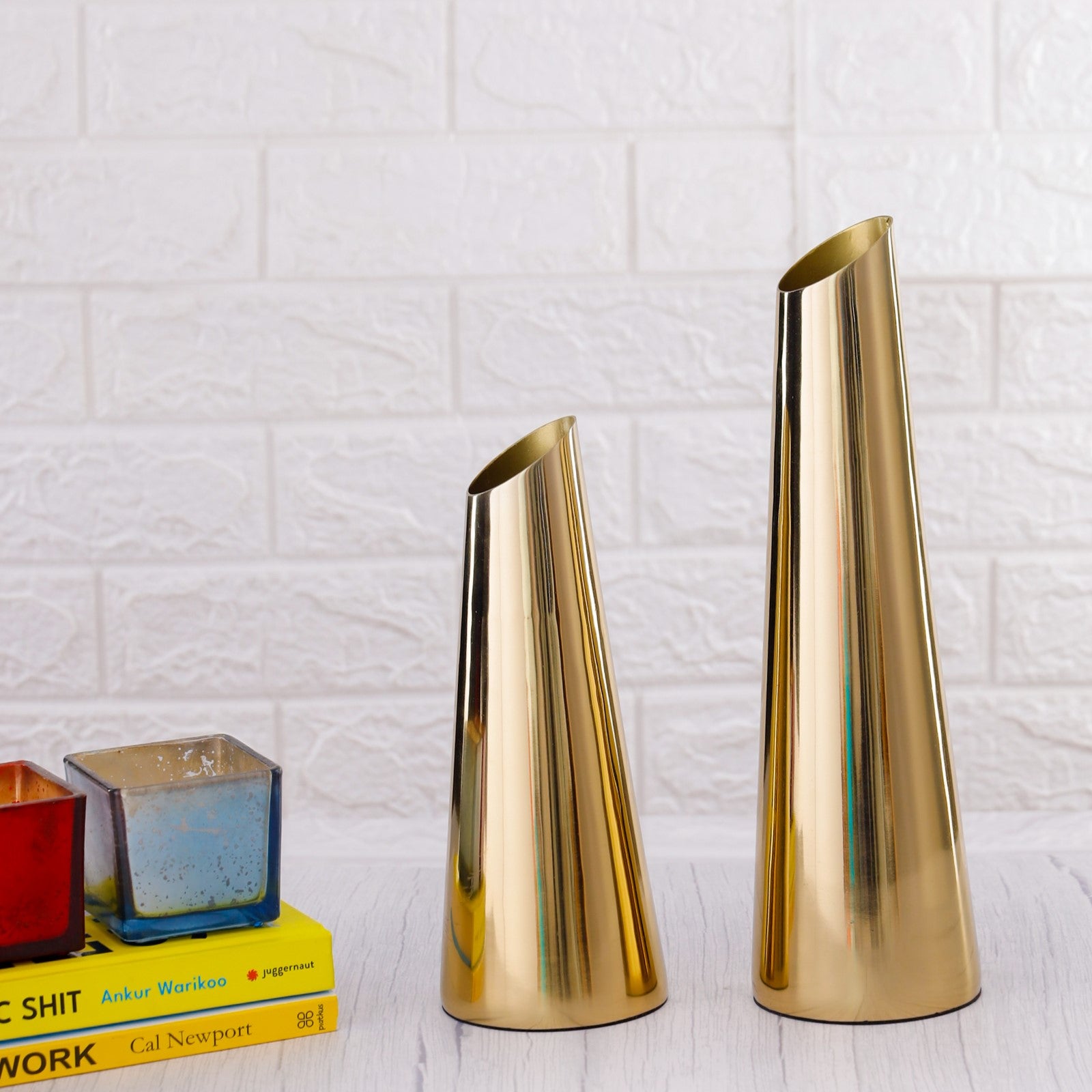 Taper Gold Metal Vase Set of 2