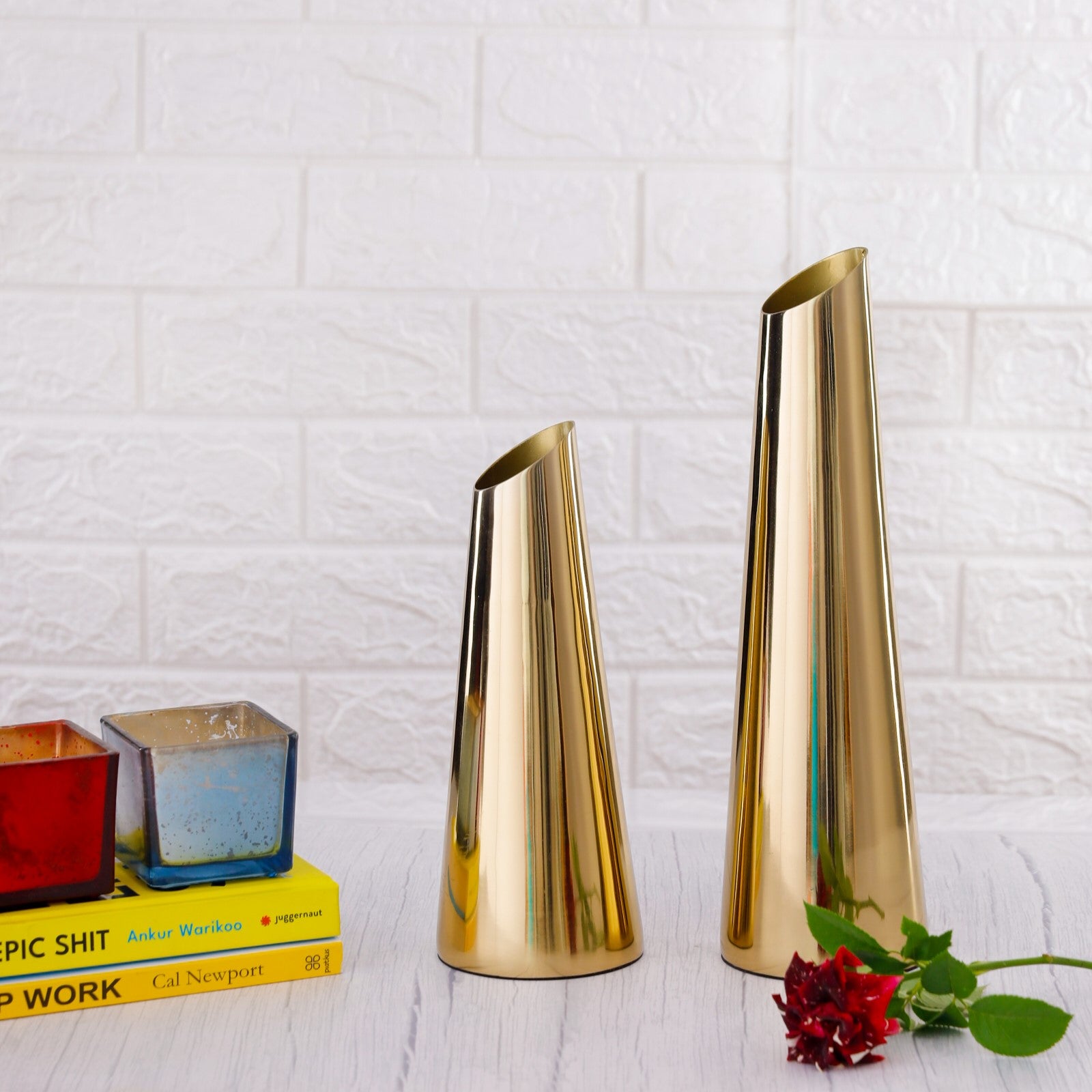 Taper Gold Metal Vase Set of 2