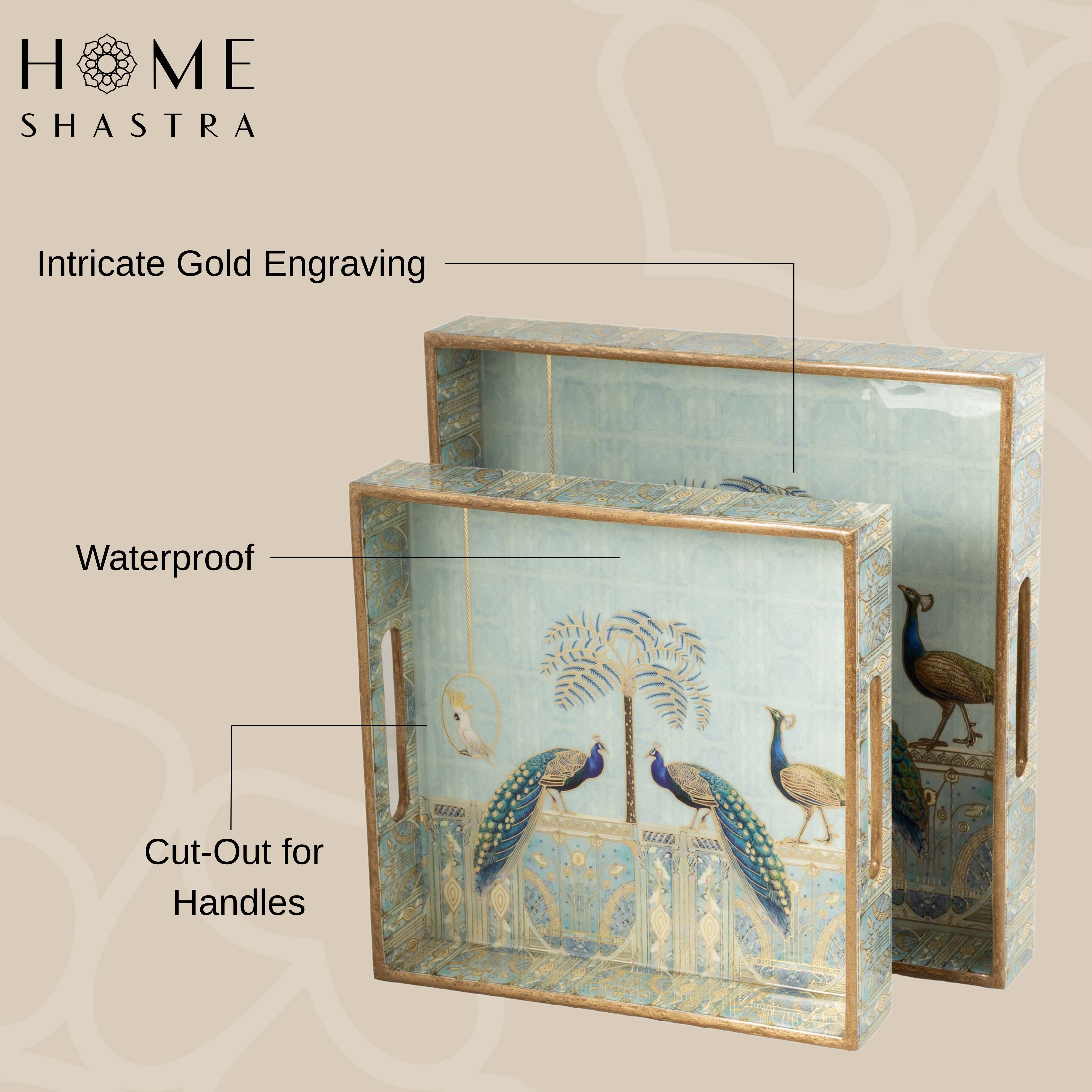 Blue Peacock Square Trays Set