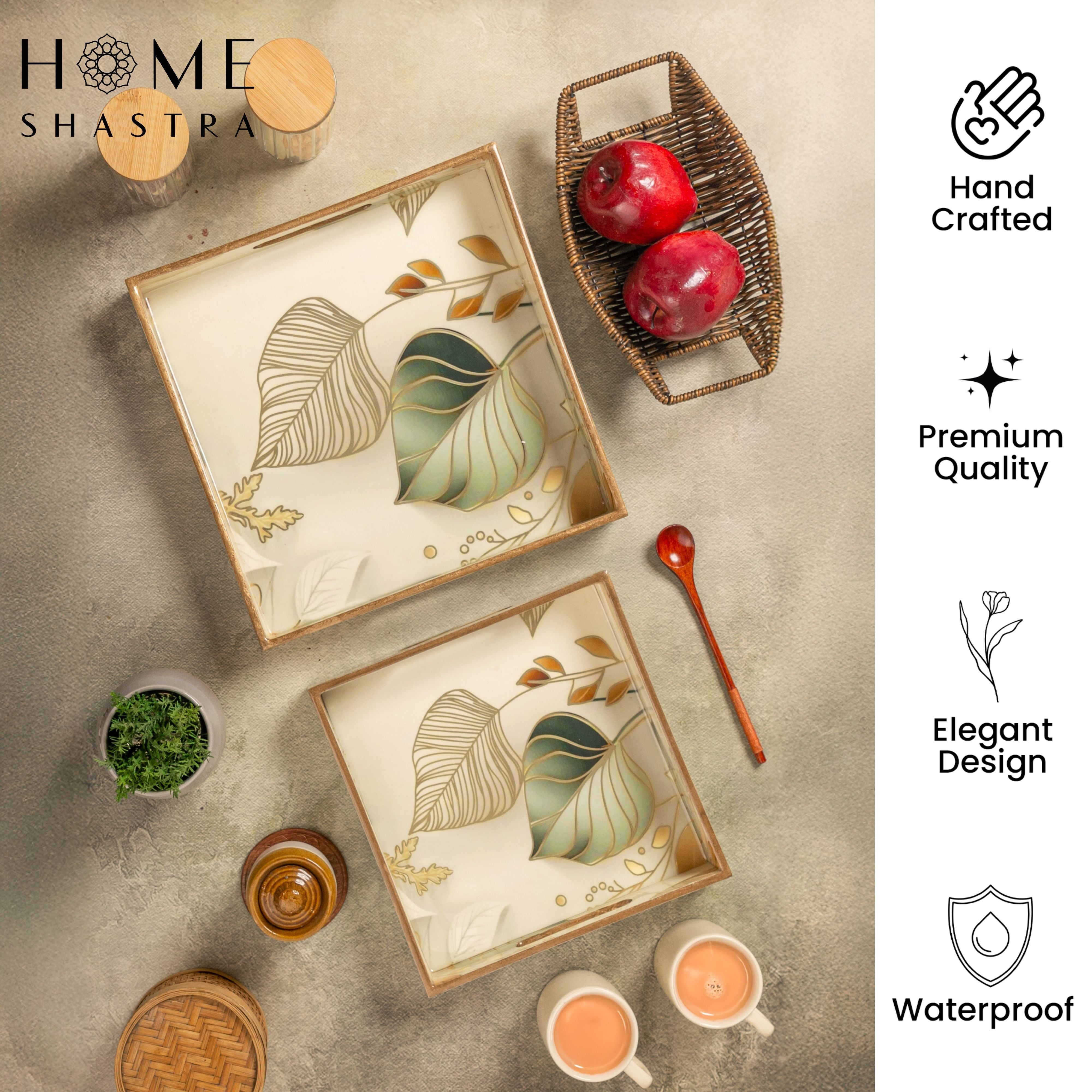 White Leaf Square Trays Set