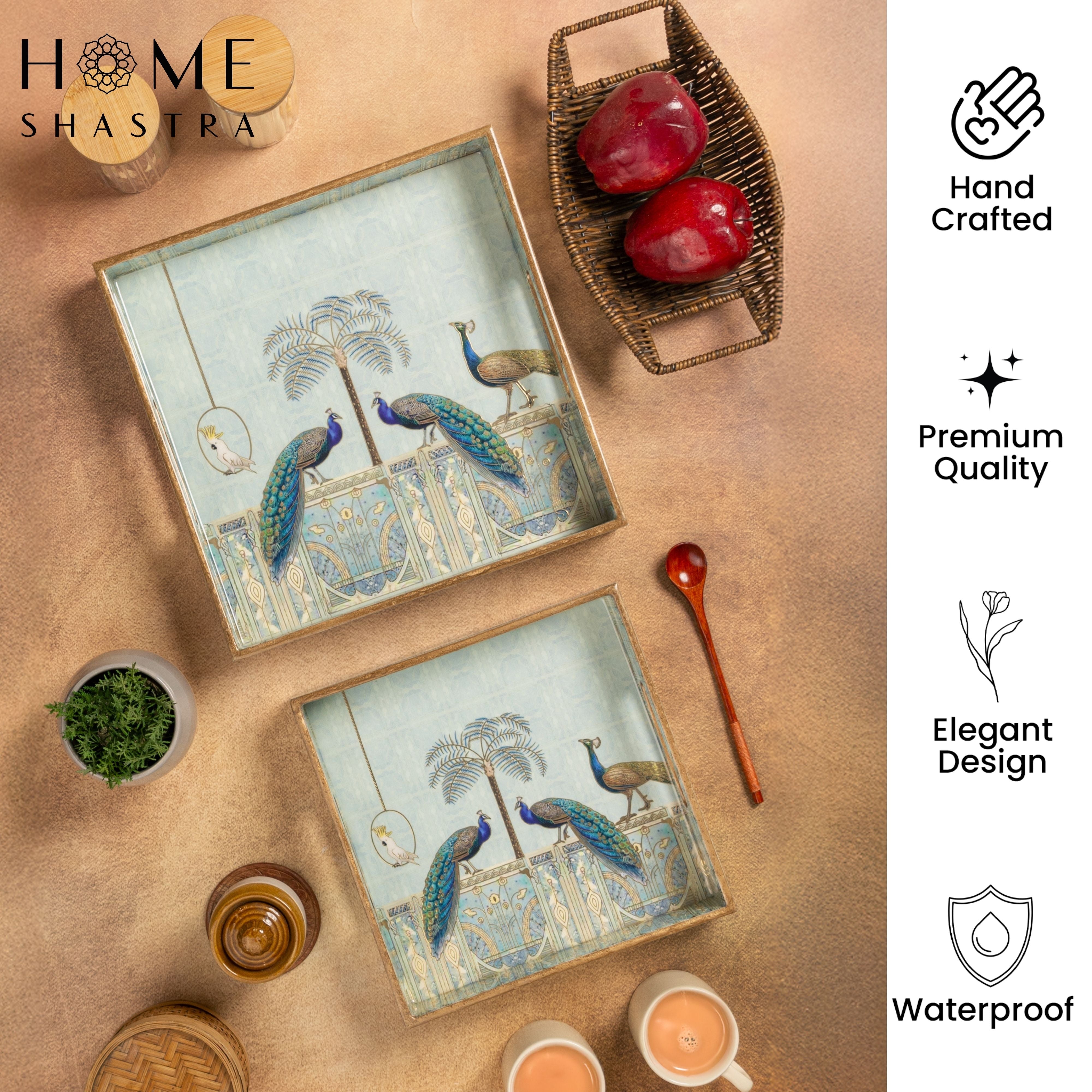 Blue Peacock Square Trays Set
