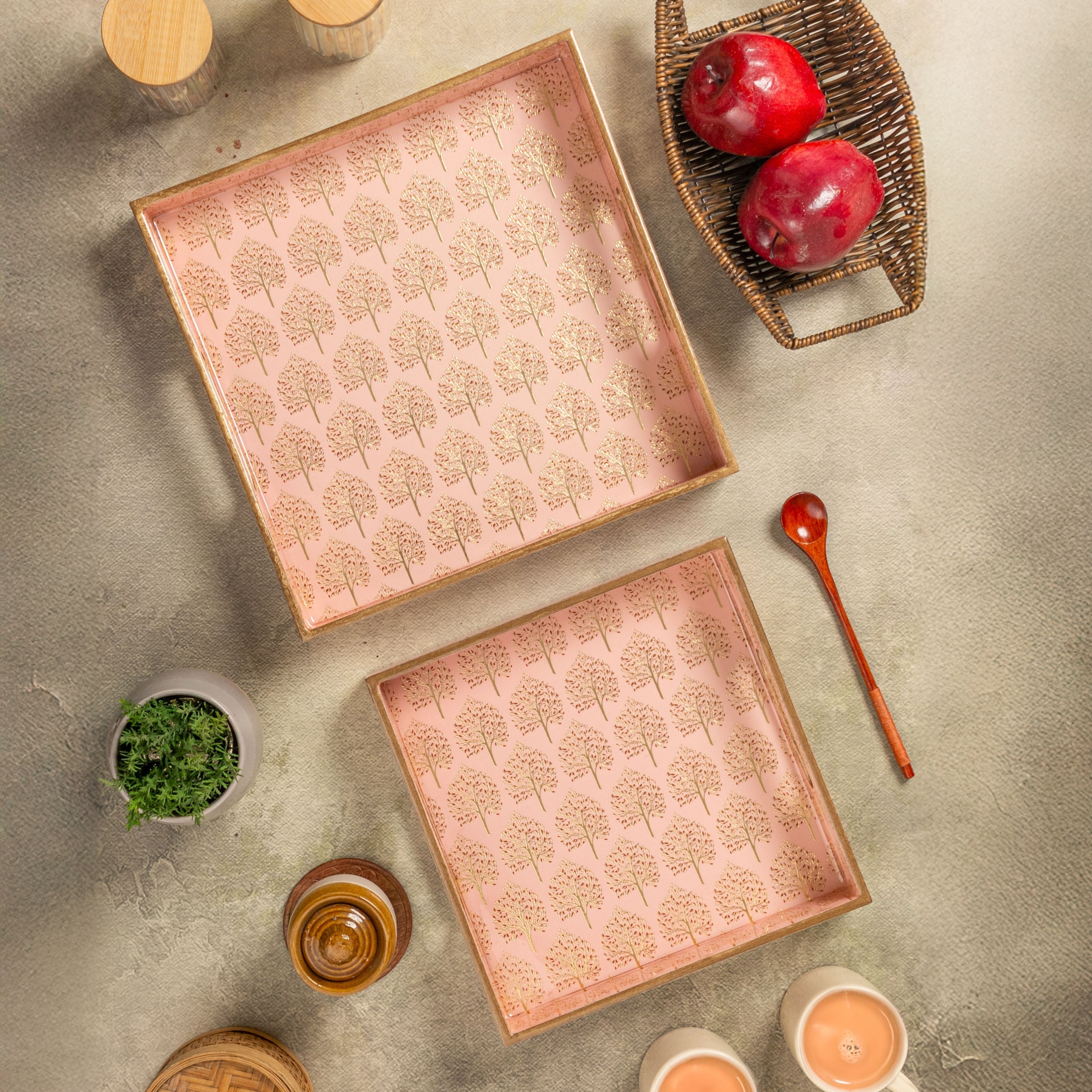 Pink Tree Square Trays Set