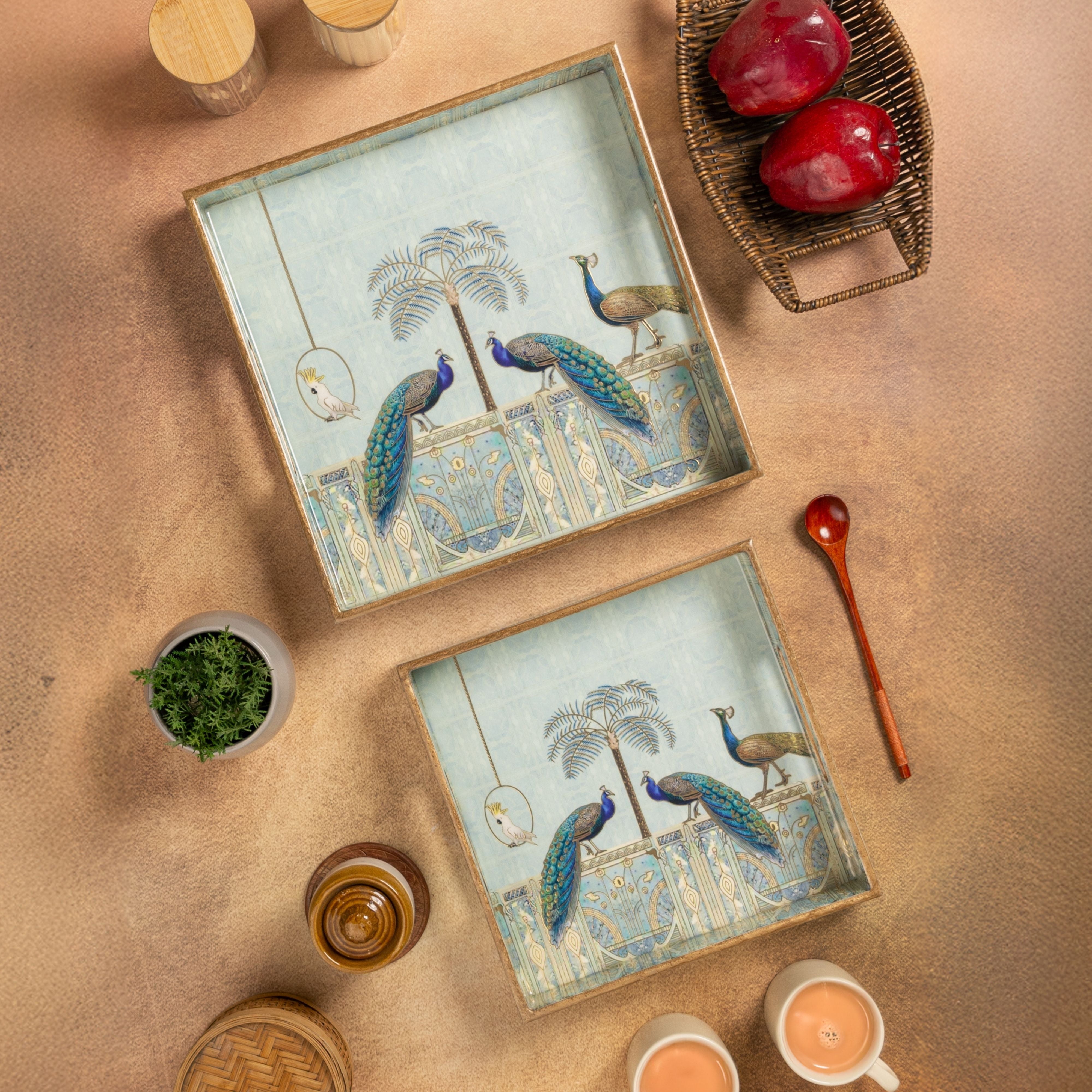 Blue Peacock Square Trays Set