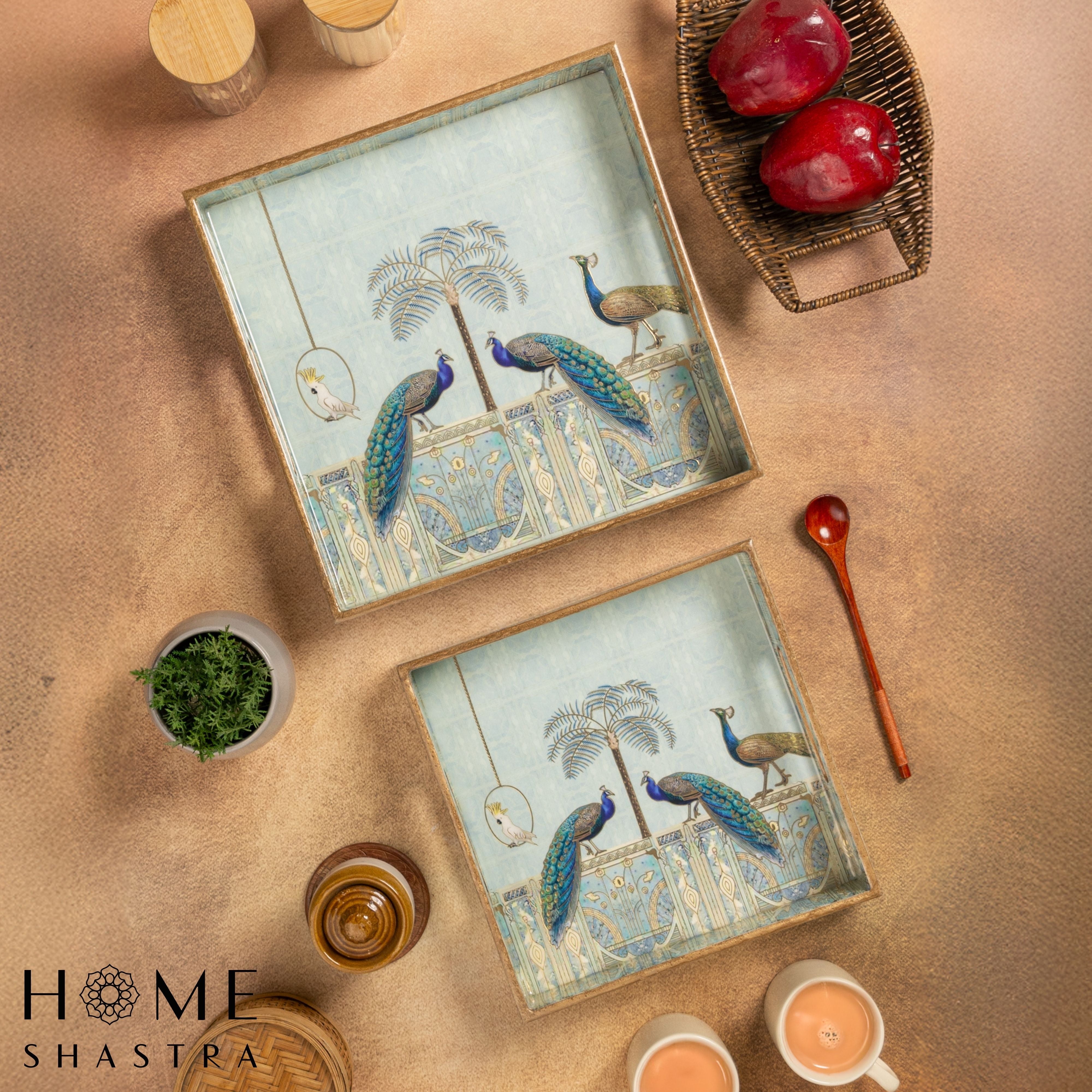 Blue Peacock Square Trays Set