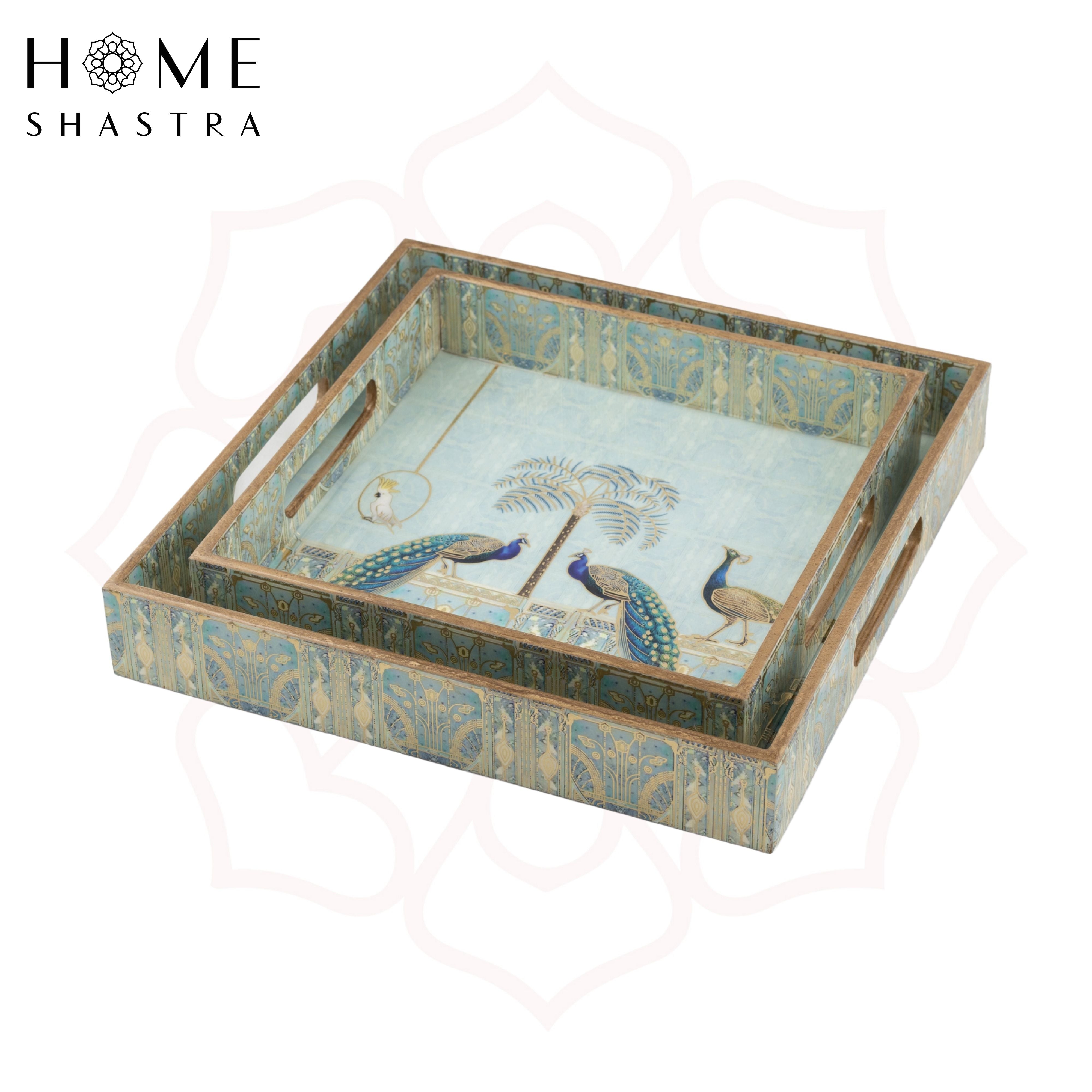 Blue Peacock Square Trays Set