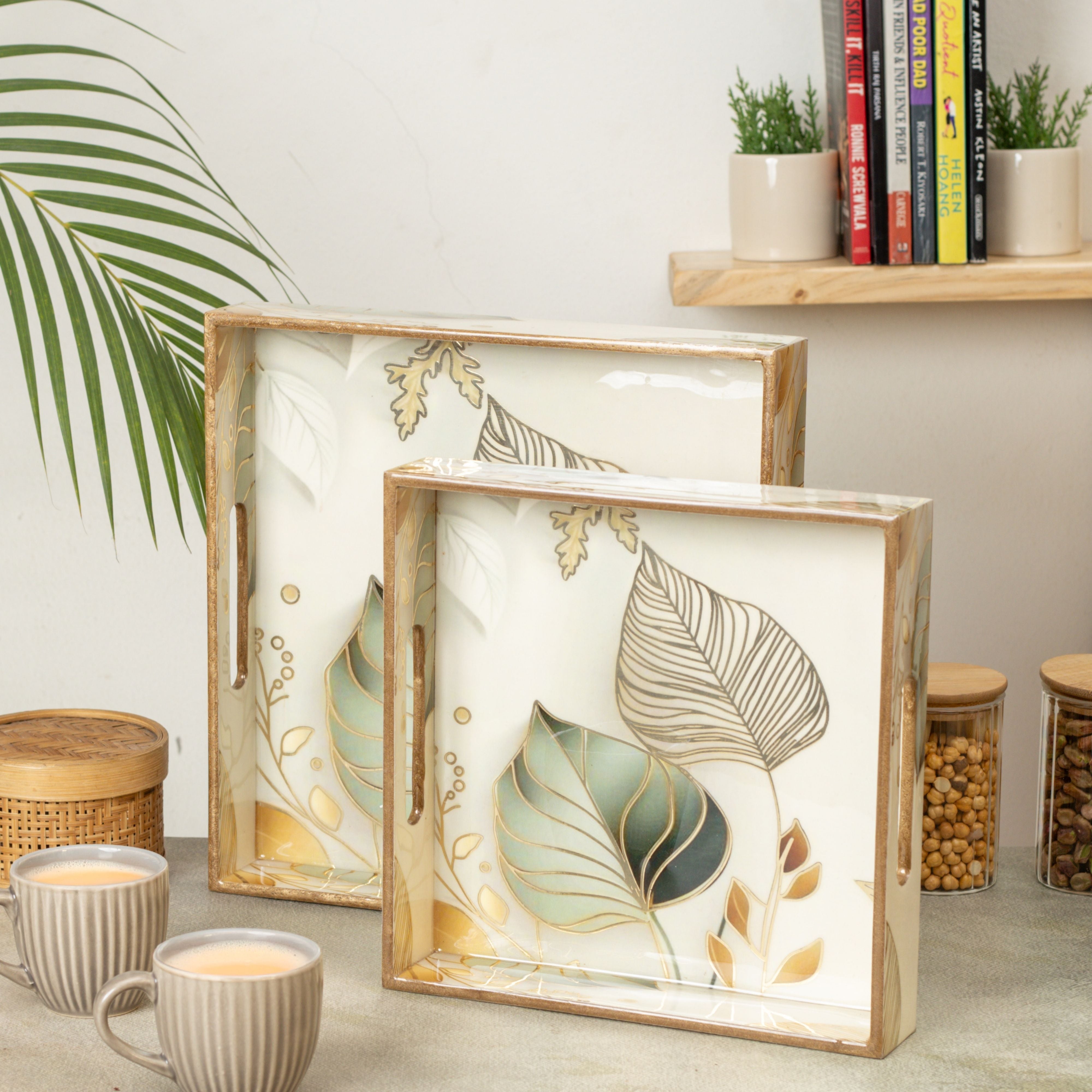 White Leaf Square Trays Set