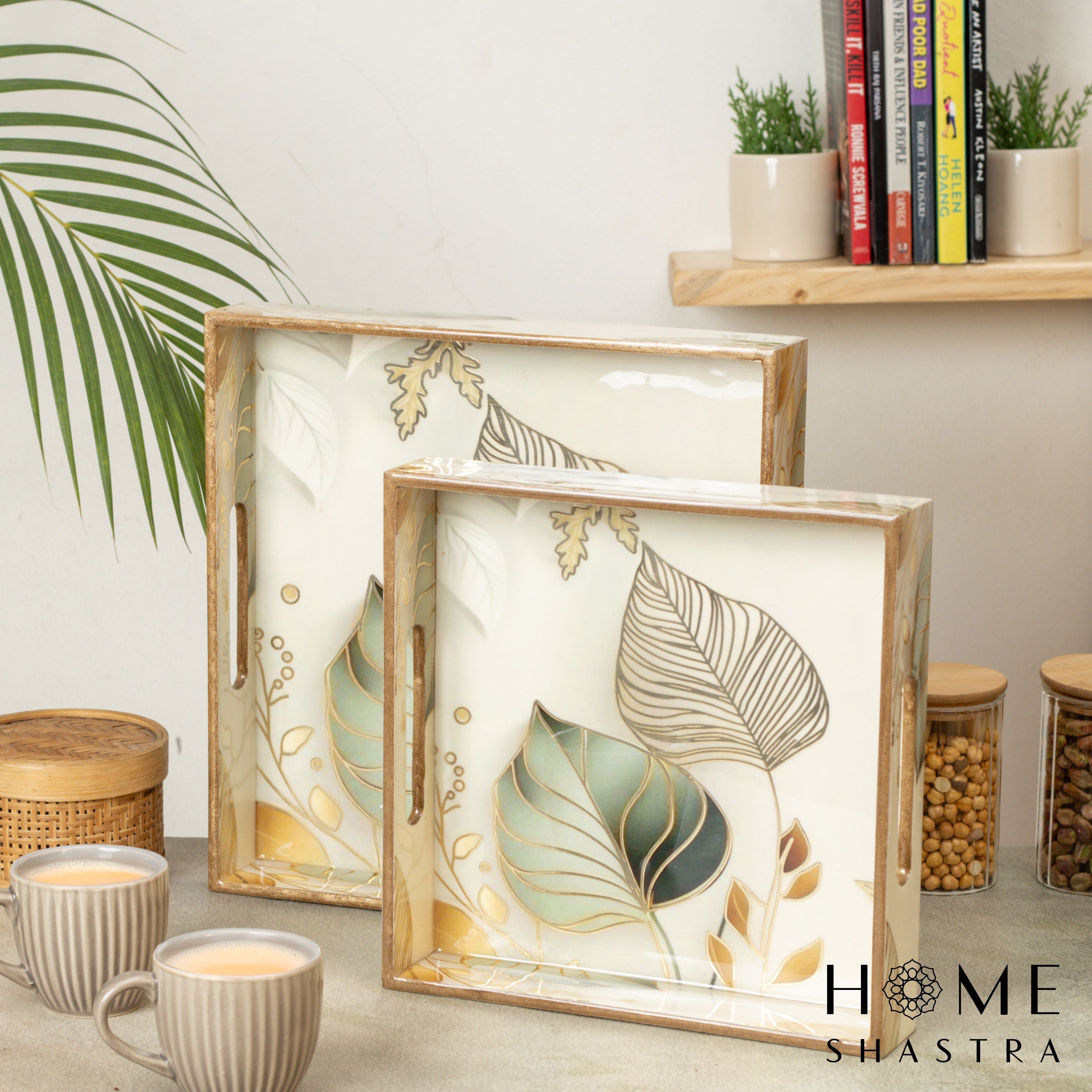 White Leaf Square Trays Set