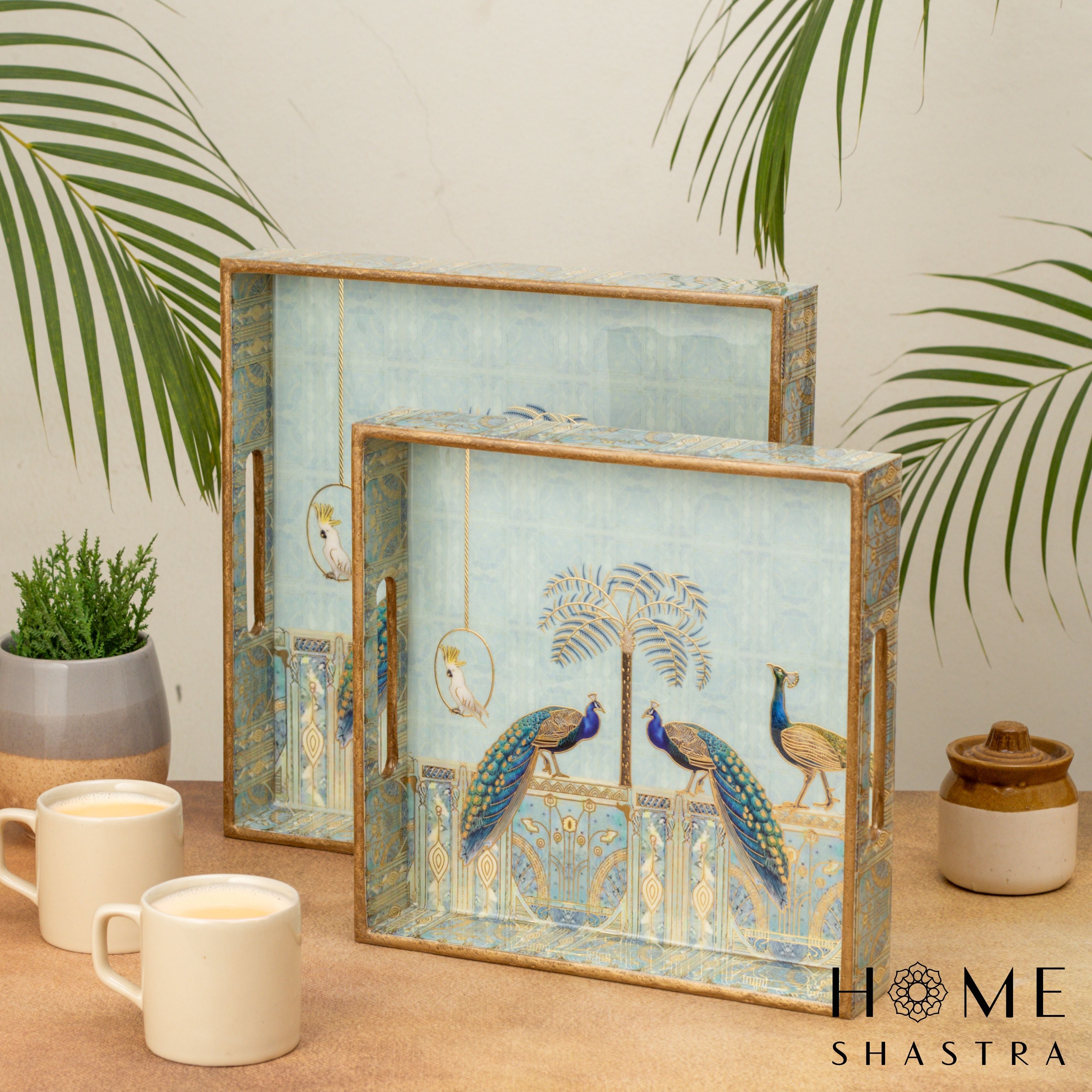 Blue Peacock Square Trays Set