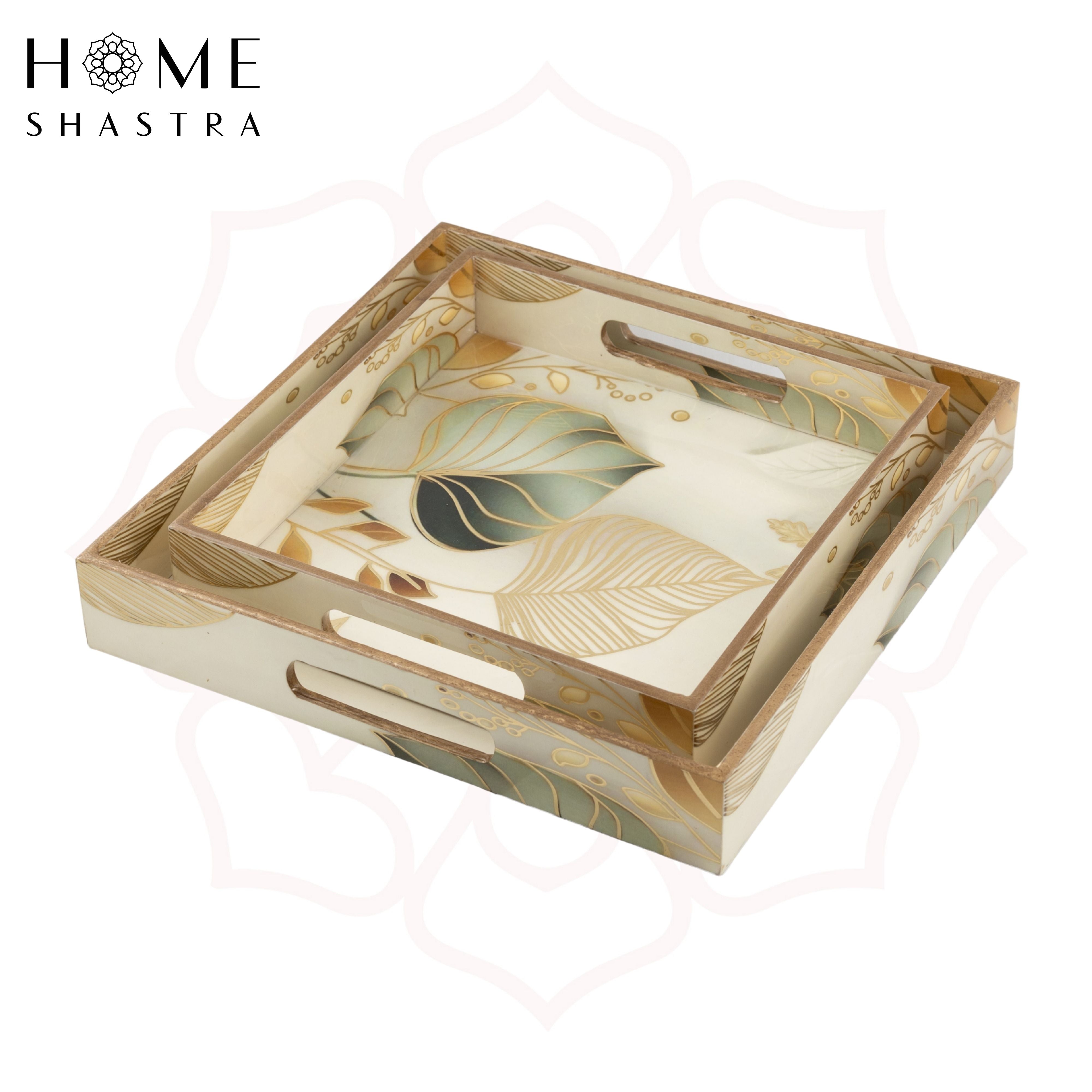 White Leaf Square Trays Set