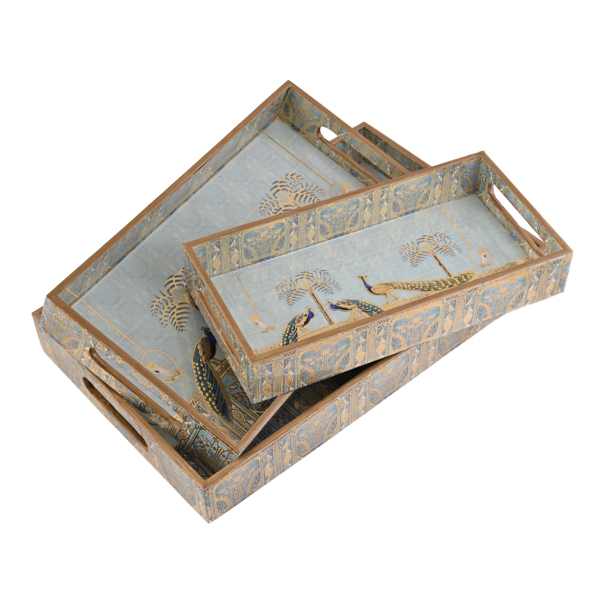 Royal Blue Peacock Tray Set Of 3