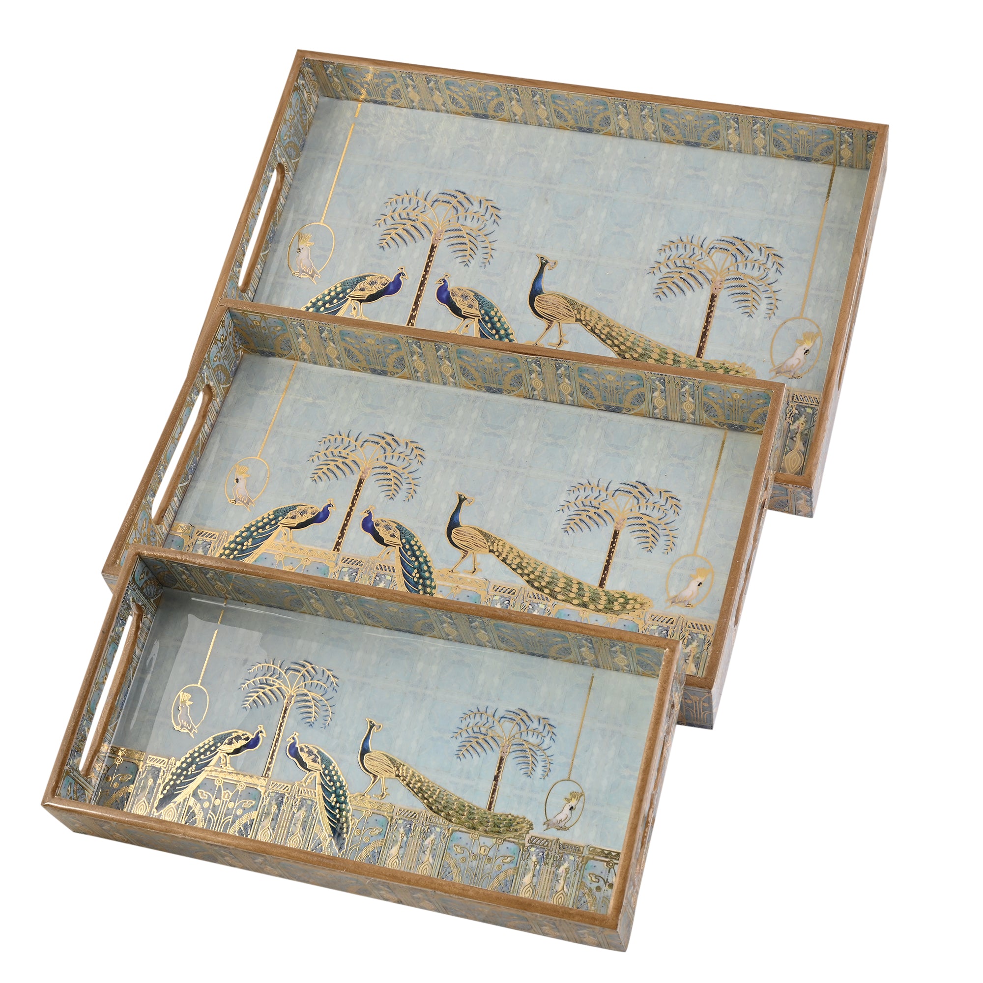 Royal Blue Peacock Tray Set Of 3