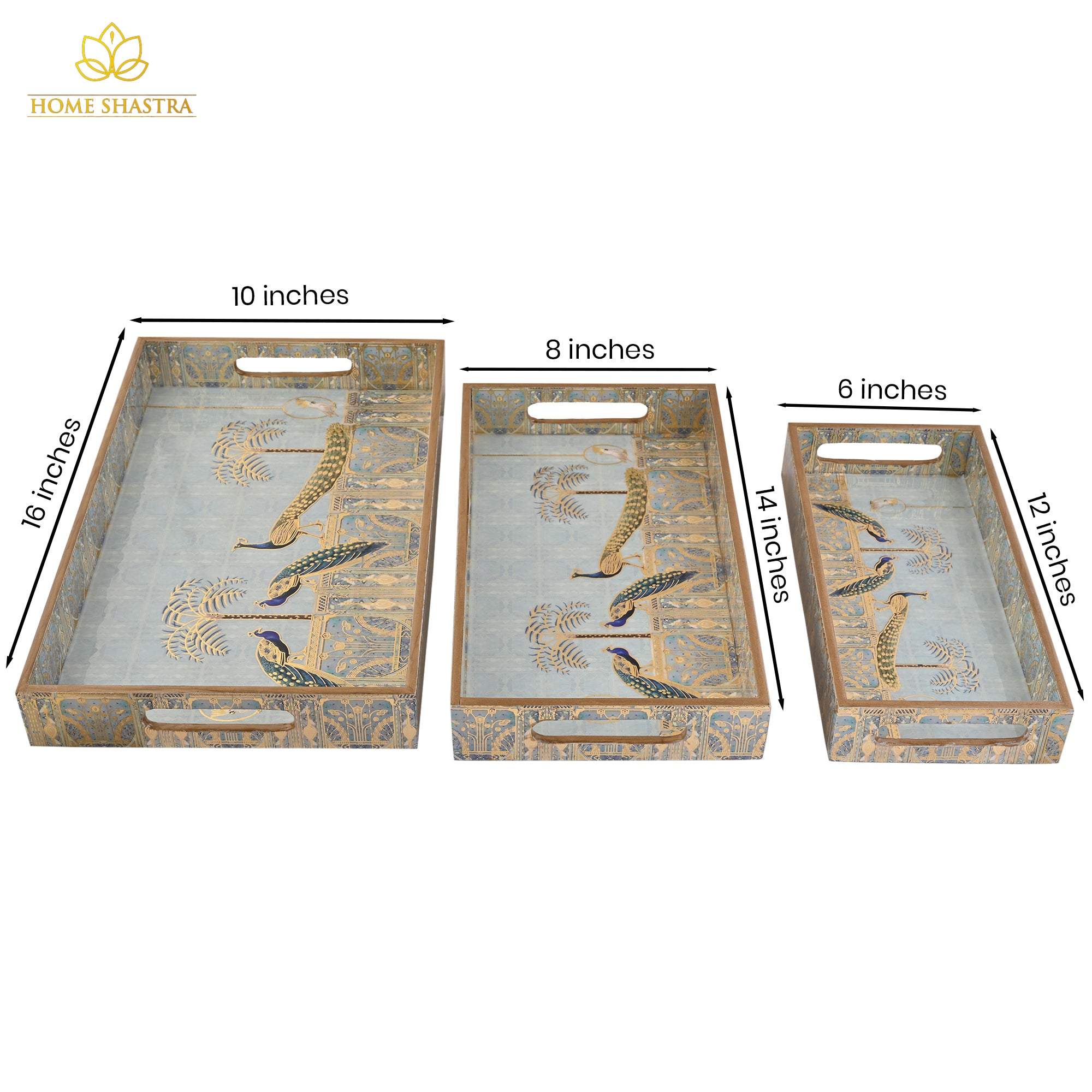 Royal Blue Peacock Tray Set Of 3