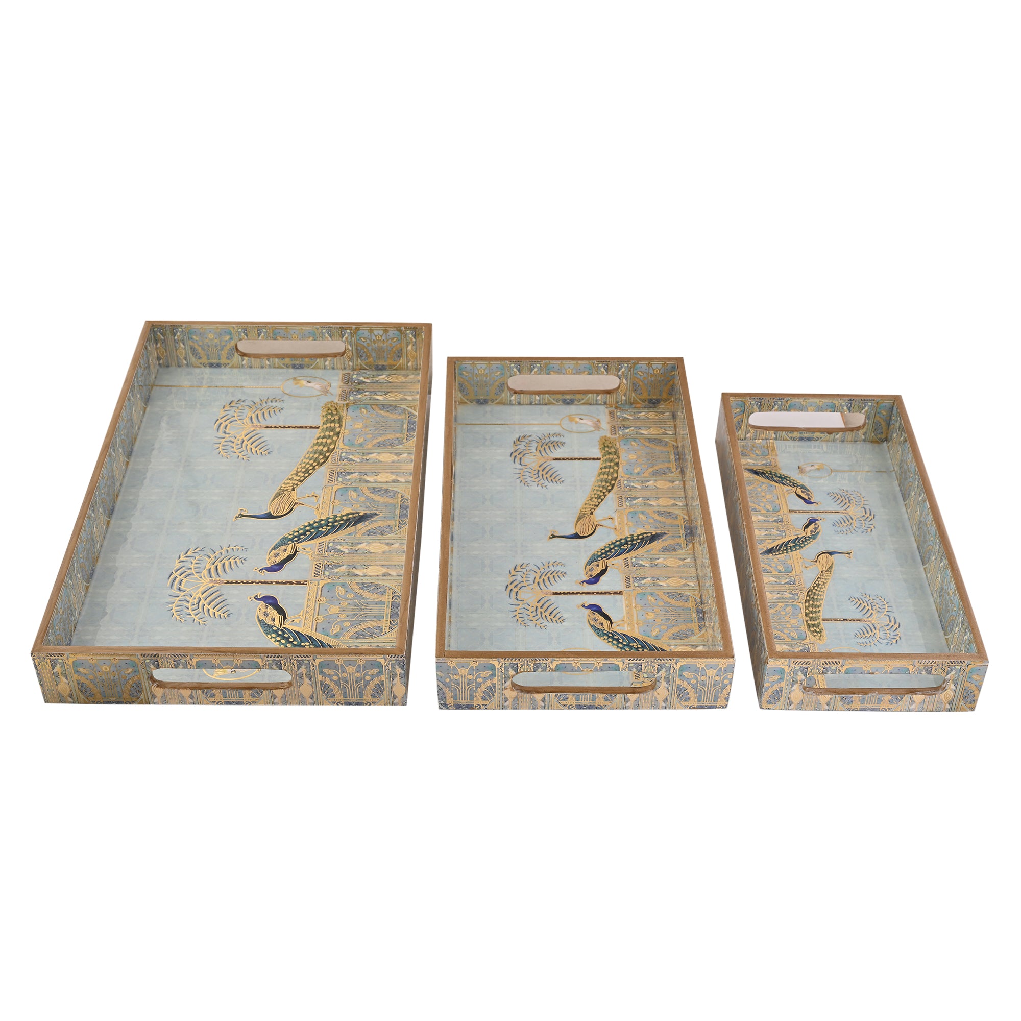 Royal Blue Peacock Tray Set Of 3