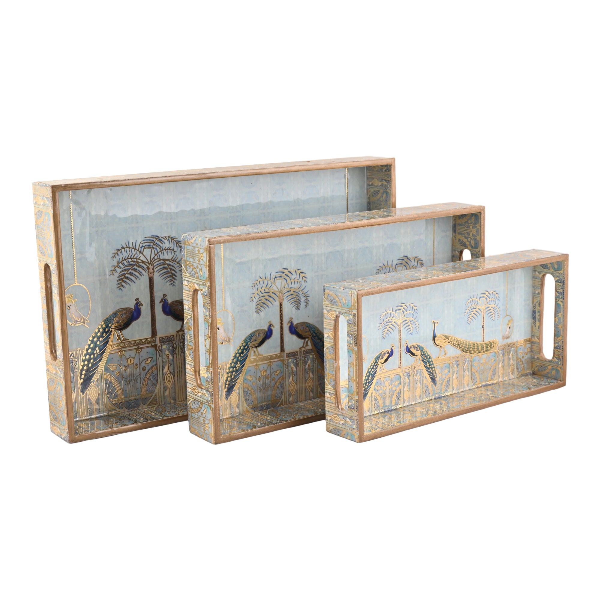 Royal Blue Peacock Tray Set Of 3