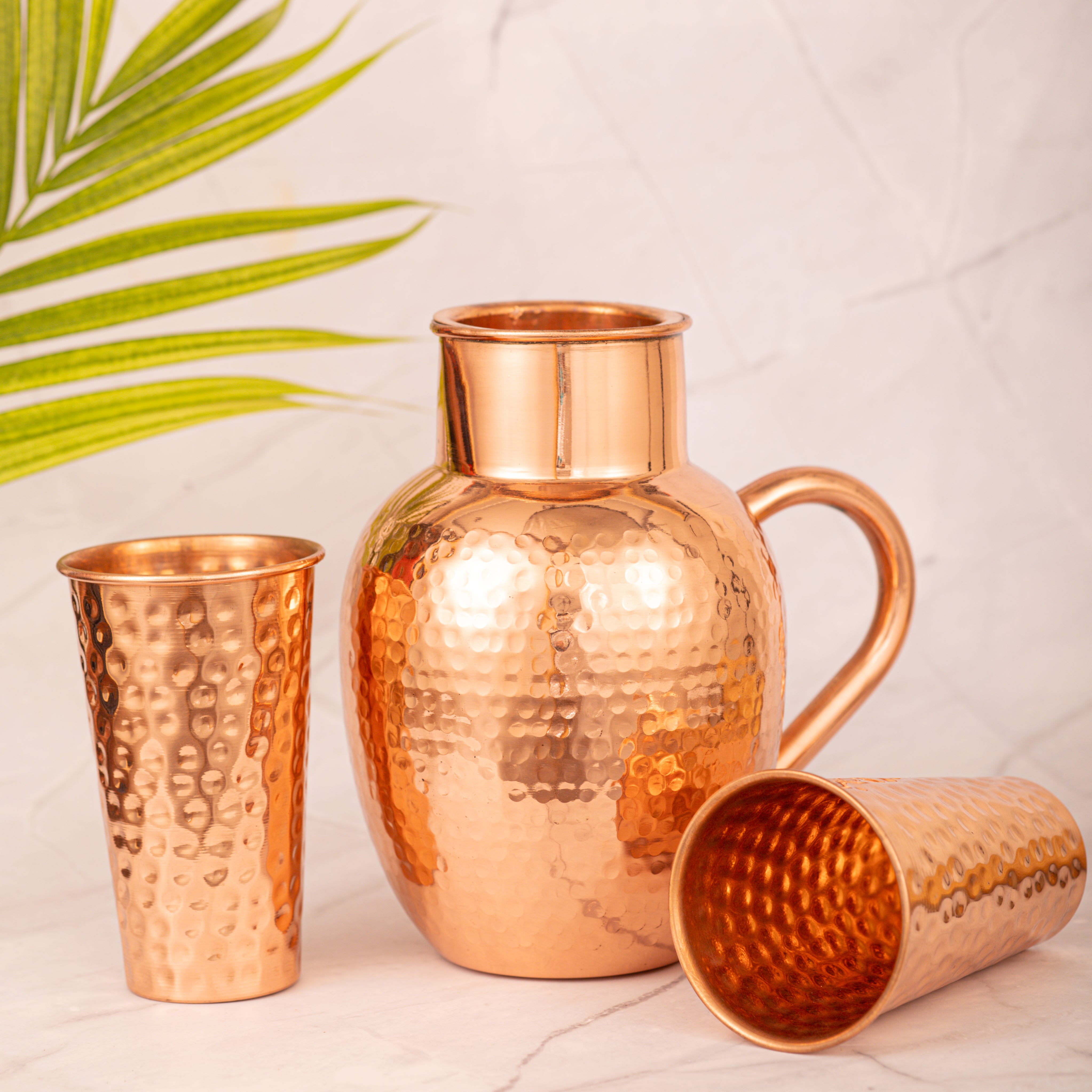 Copper Apple Hammered Jug with 2 Hamerred Glasses
